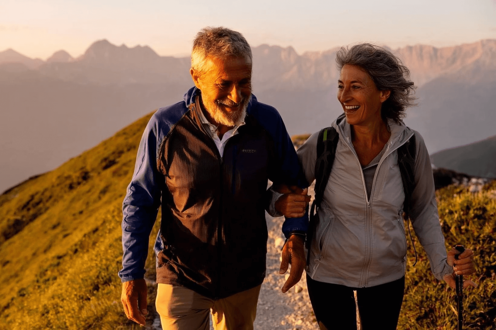 Coppia sorridente che cammina su un sentiero di montagna, lui le tiene la mano
